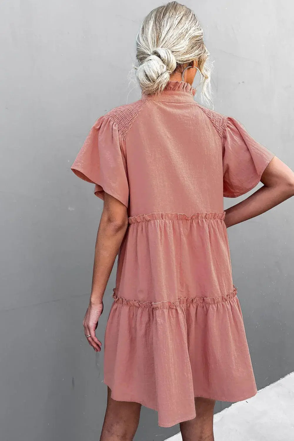Frill Trim Smocked Tie Neck Dress - Trendsi - Flyclothing LLC