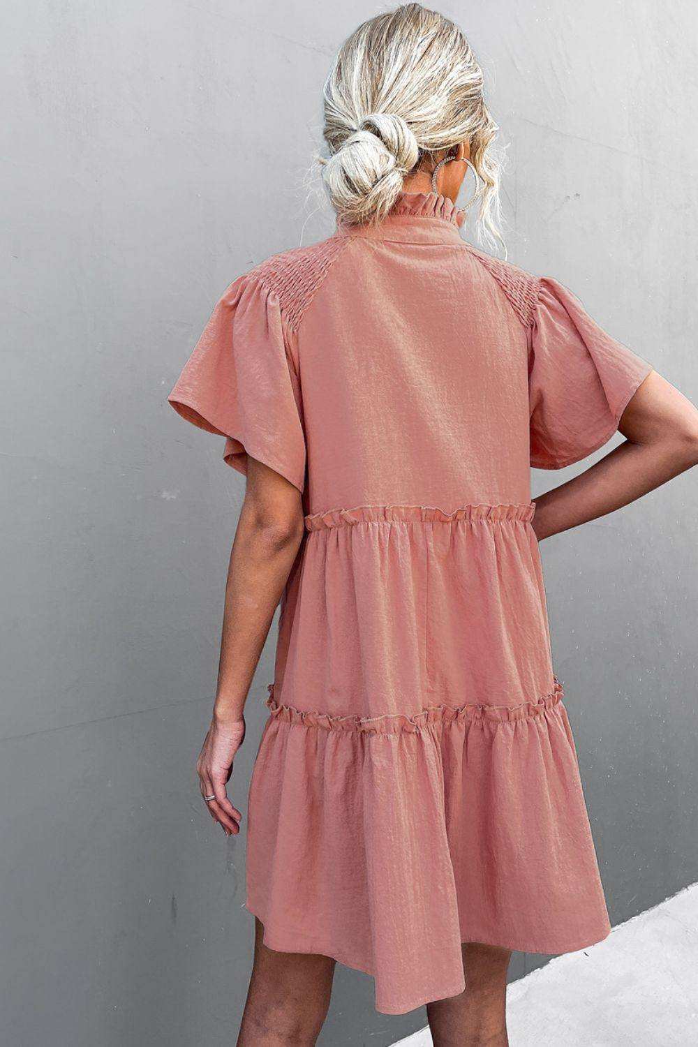 Frill Trim Smocked Tie Neck Dress - Trendsi - Flyclothing LLC