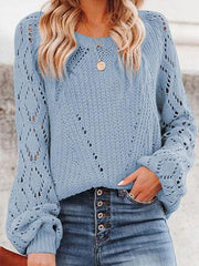 Openwork Round Neck Lantern Sleeve Sweater - Trendsi