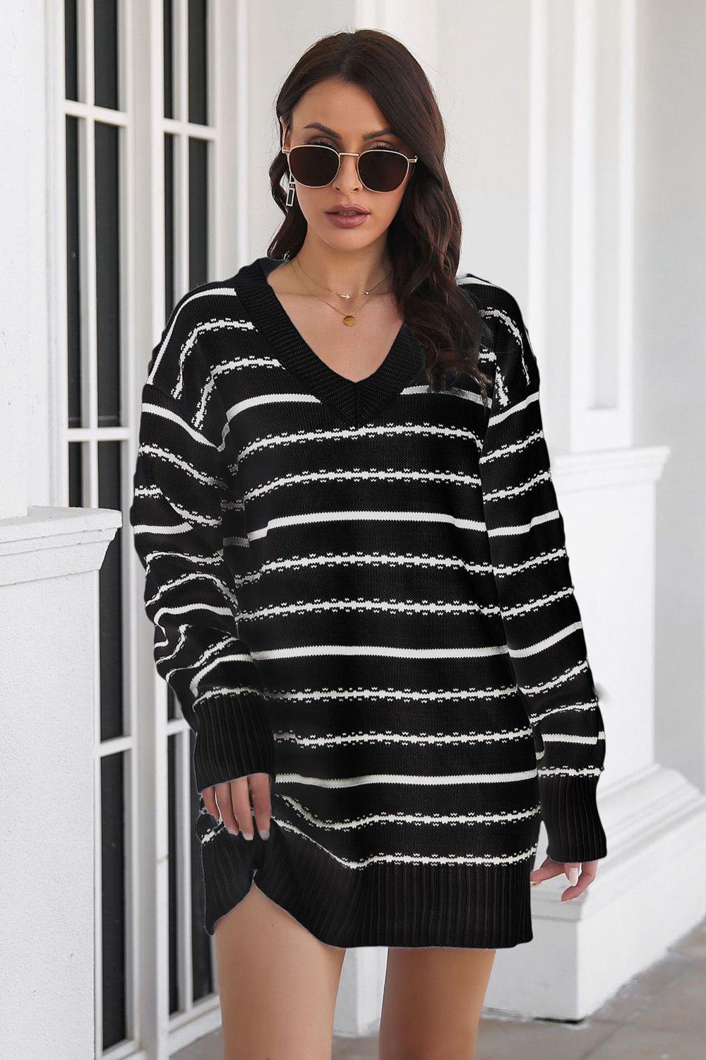Striped V-Neck Sweater Dress - Flyclothing LLC