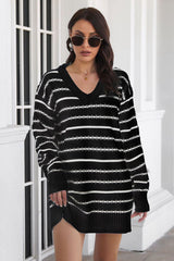 Striped V-Neck Sweater Dress - Flyclothing LLC