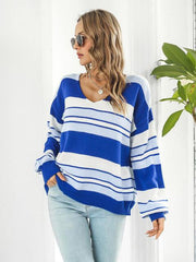 Striped V-Neck Long Sleeve Knit Top - Flyclothing LLC