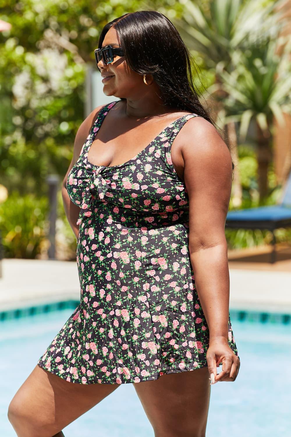 Marina West Swim Full Size Clear Waters Swim Dress in Black Roses - Trendsi