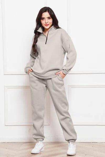 Half Zip Long Sleeve Sweatshirt and Pants Set - Trendsi - Flyclothing LLC