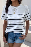Decorative Button Striped Short Sleeve T-Shirt - Trendsi