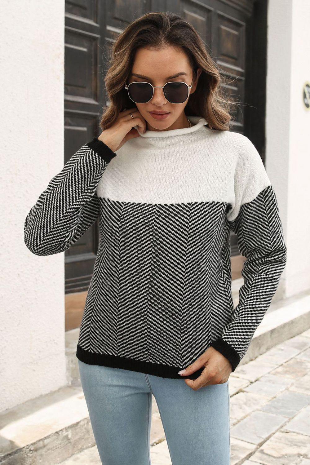 Two-Tone Mock Neck Dropped Shoulder Pullover Sweater - Flyclothing LLC