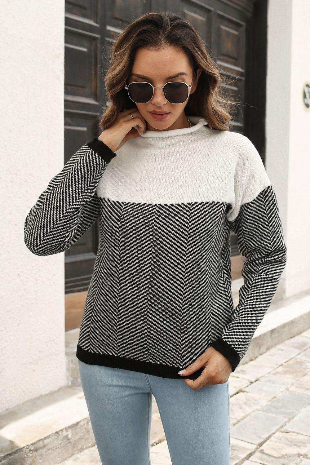Two-Tone Mock Neck Dropped Shoulder Pullover Sweater - Trendsi - Flyclothing LLC