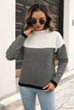 Two-Tone Mock Neck Dropped Shoulder Pullover Sweater - Flyclothing LLC