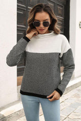 Two-Tone Mock Neck Dropped Shoulder Pullover Sweater - Flyclothing LLC
