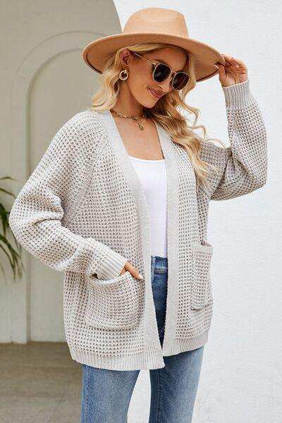 Open Front Raglan Sleeve Pocketed Cardigan - Trendsi - Flyclothing LLC
