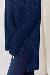 Basic Bae Full Size Ribbed Half Button Long Sleeve High-Low T-Shirt - Trendsi - Flyclothing LLC