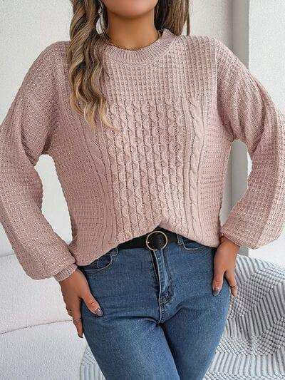 Cable-Knit Round Neck Long Sleeve Sweater - Trendsi - Flyclothing LLC