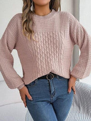 Cable-Knit Round Neck Long Sleeve Sweater - Trendsi
