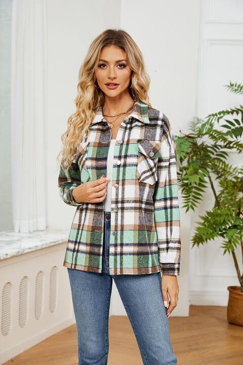 Collared Plaid Shacket - Trendsi