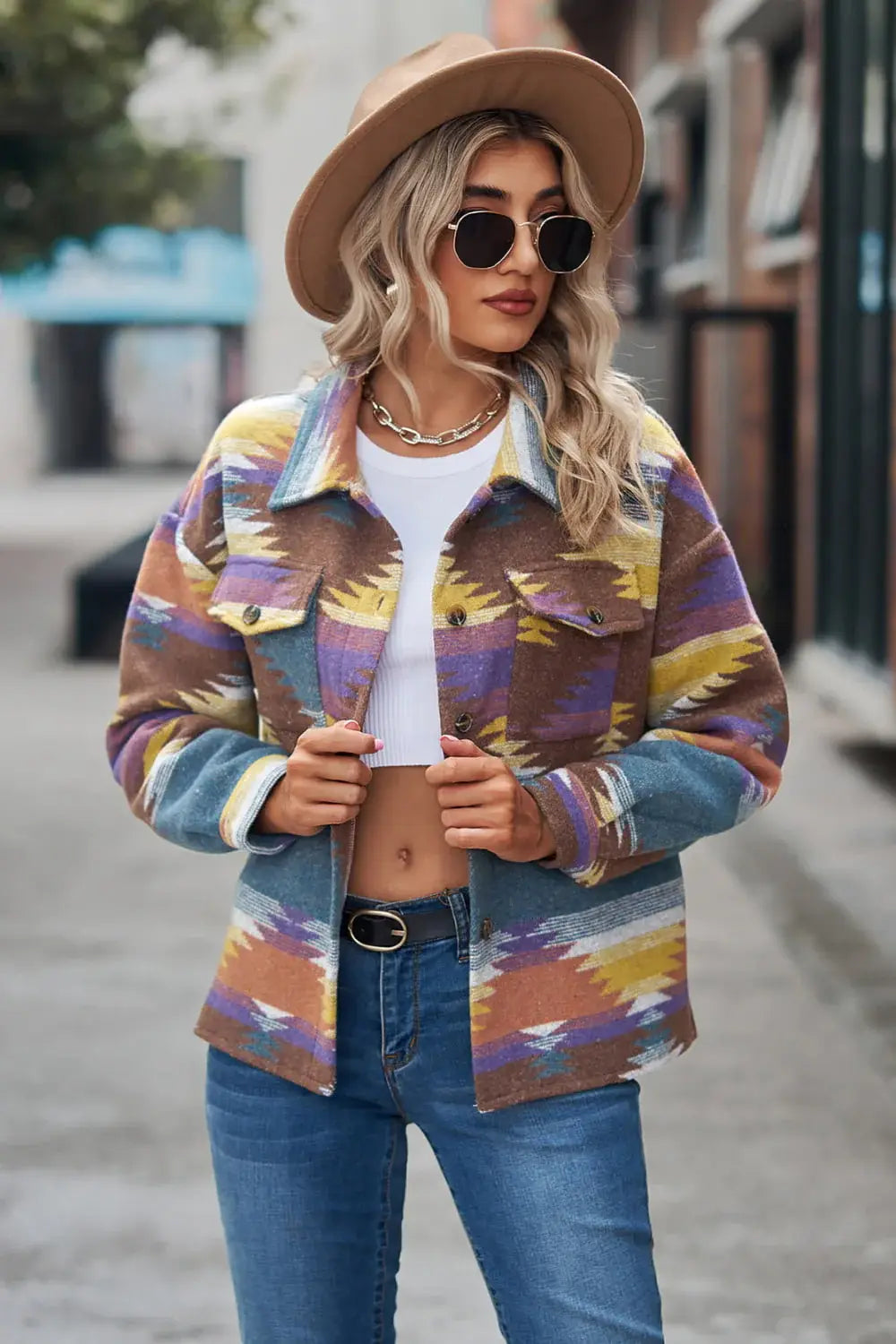 Printed Collared Neck Jacket - Trendsi - Flyclothing LLC