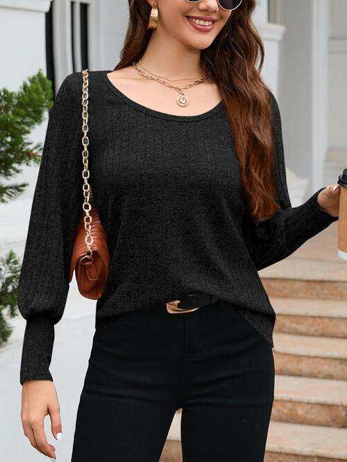 Ribbed Round Neck Lantern Sleeve Knit Top - Trendsi - Flyclothing LLC