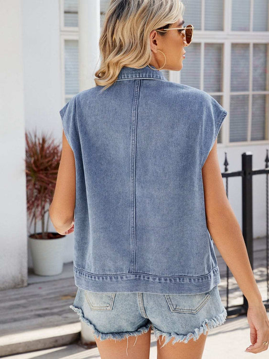 Pocketed Button Up Sleeveless Denim Jacket - Trendsi - Flyclothing LLC