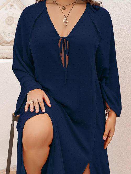 Plus Size Tie Neck Long Sleeve Slit Dress - Trendsi - Flyclothing LLC