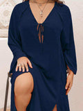 Plus Size Tie Neck Long Sleeve Slit Dress - Trendsi - Flyclothing LLC