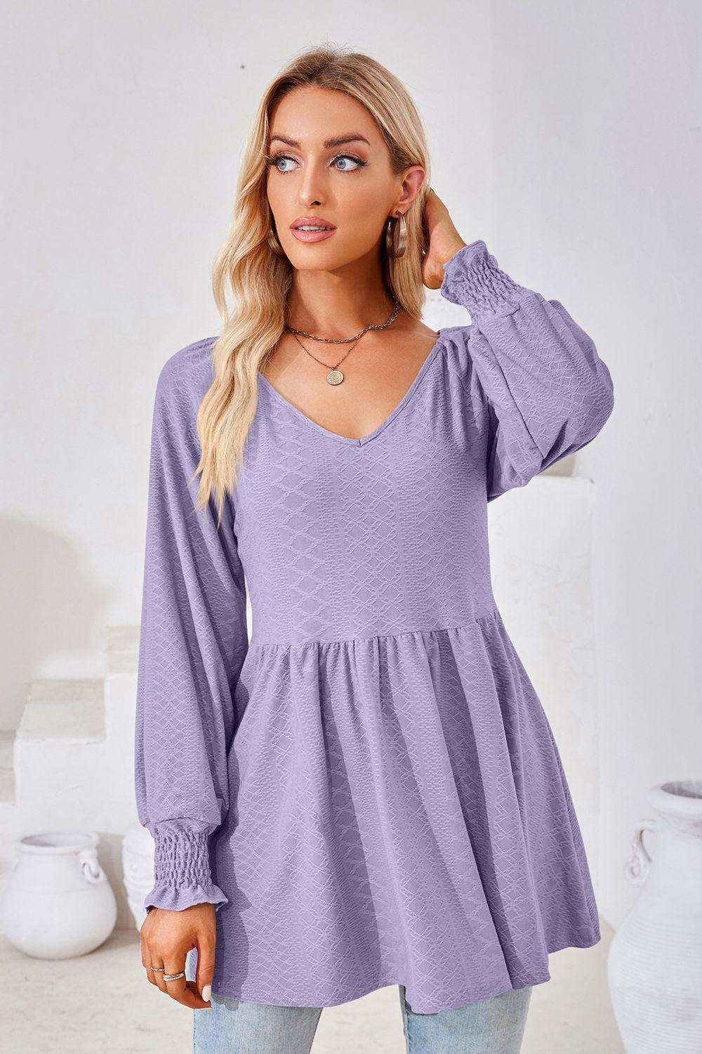 V-Neck Lantern Sleeve Blouse - Trendsi - Flyclothing LLC