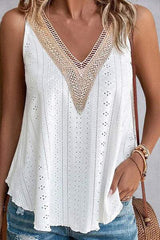 Lace Detail Eyelet V-Neck Tank - Trendsi - Flyclothing LLC