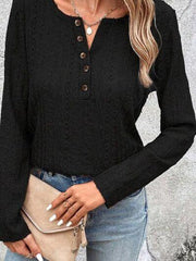 Openwork Half Button Long Sleeve Blouse - Trendsi
