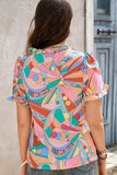 Multicolored Frill Trim V-Neck Flounce Sleeve Blouse - Trendsi - Flyclothing LLC