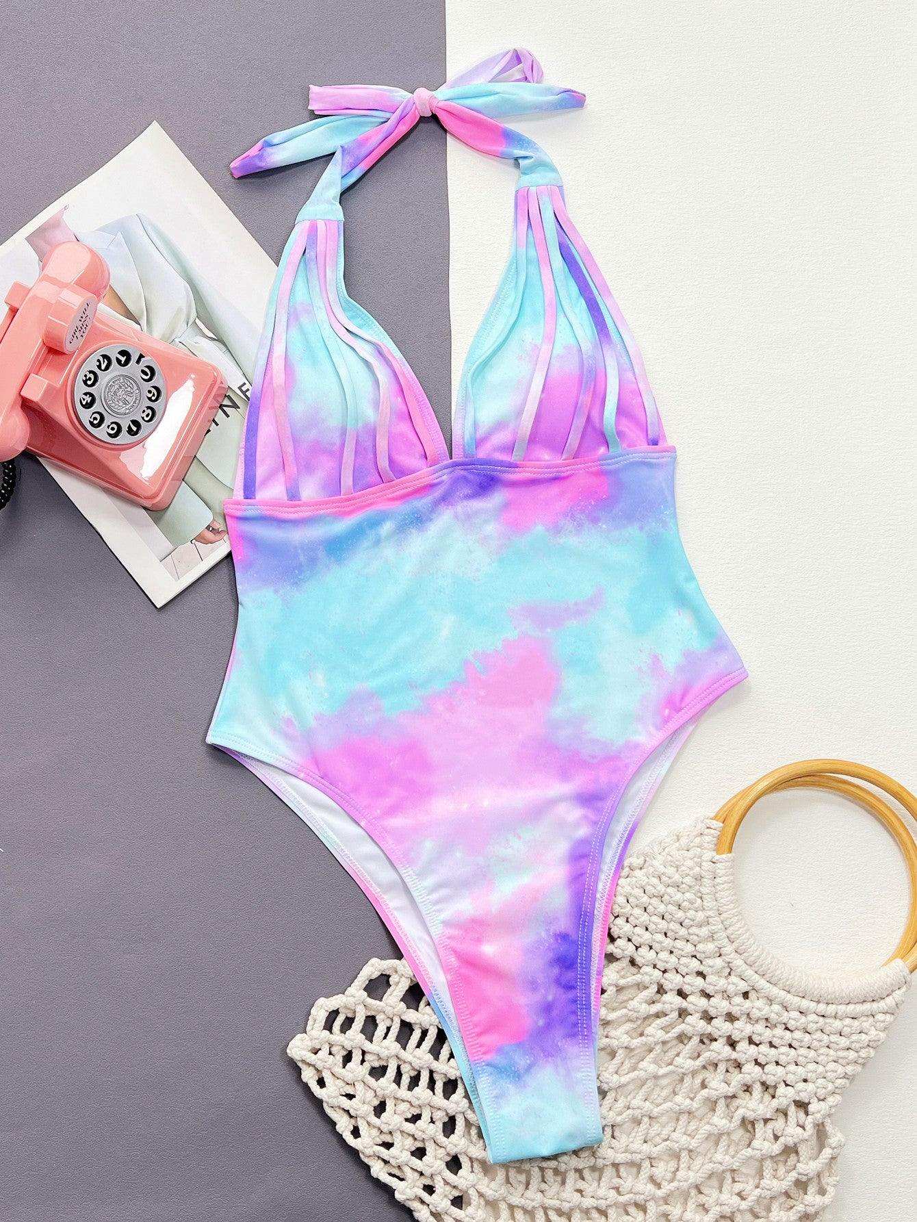 Tie-Dye Halter Neck One-Piece Swimsuit - Trendsi - Flyclothing LLC