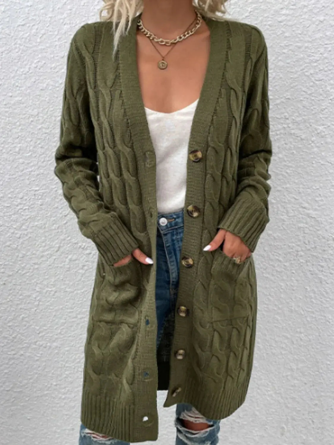 Cable-Knit Button Down Cardigan with Pockets - Trendsi - Flyclothing LLC