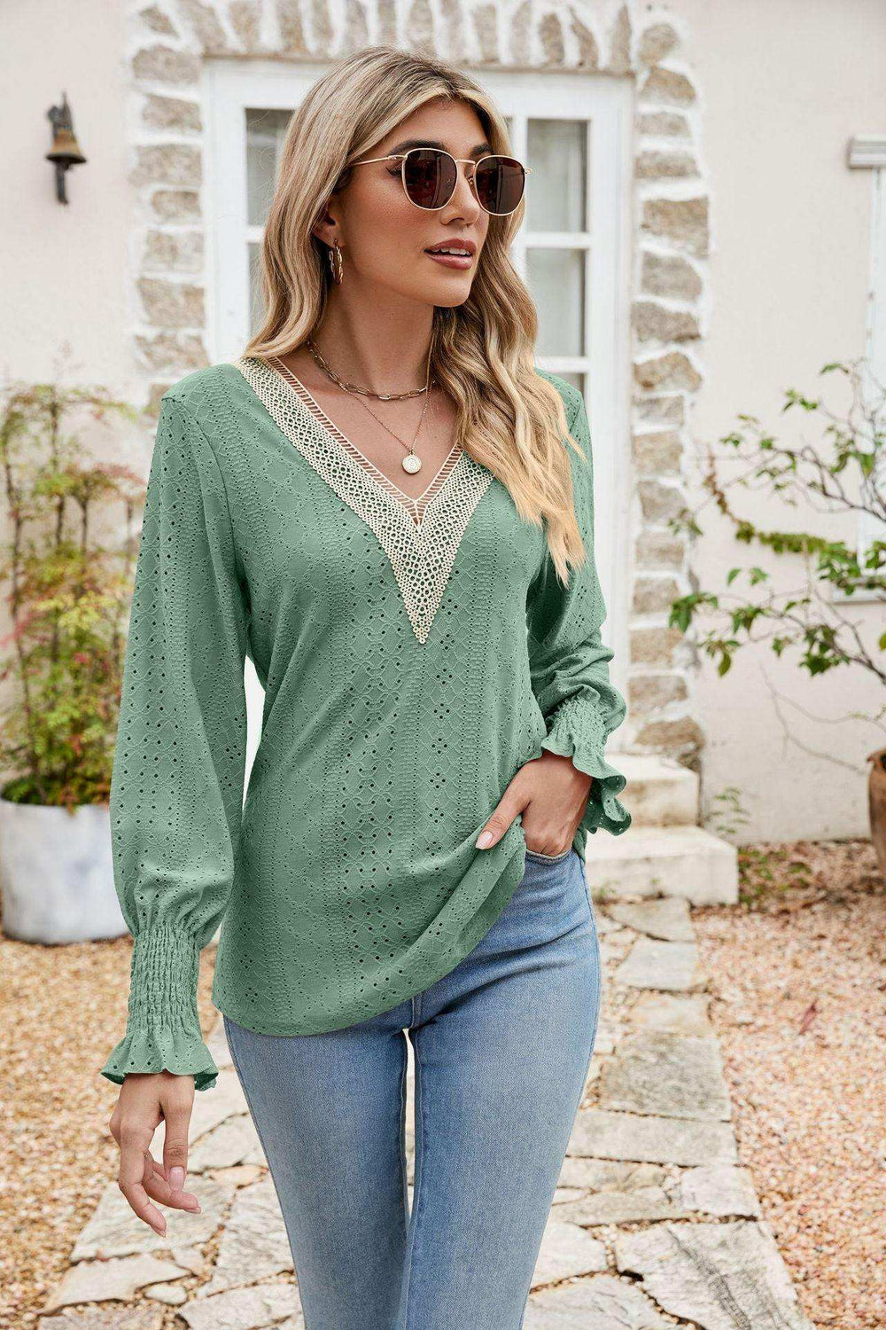 Eyelet V-Neck Smocked Flounce Sleeve Blouse - Trendsi - Flyclothing LLC