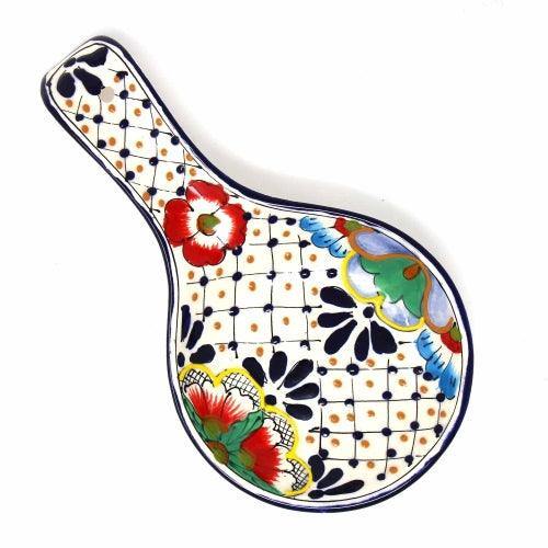 Handmade Pottery Spoon Rest, Dots & Flowers - Encantada - Encantada