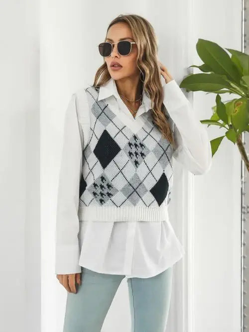 V-Neck Plaid Sweater Vest - Trendsi - Flyclothing LLC