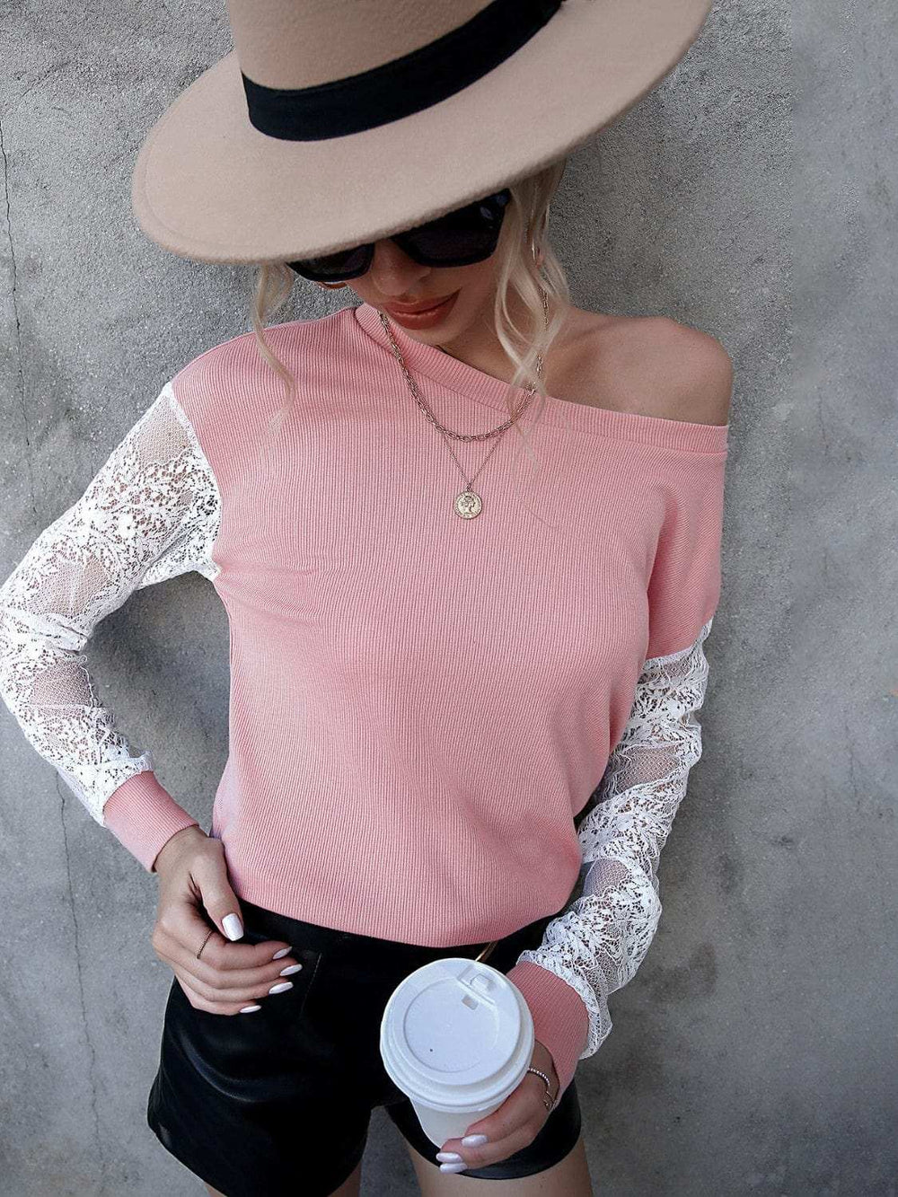 Lace Detail Round Neck Dropped Shoulder T-Shirt - Trendsi - Flyclothing LLC