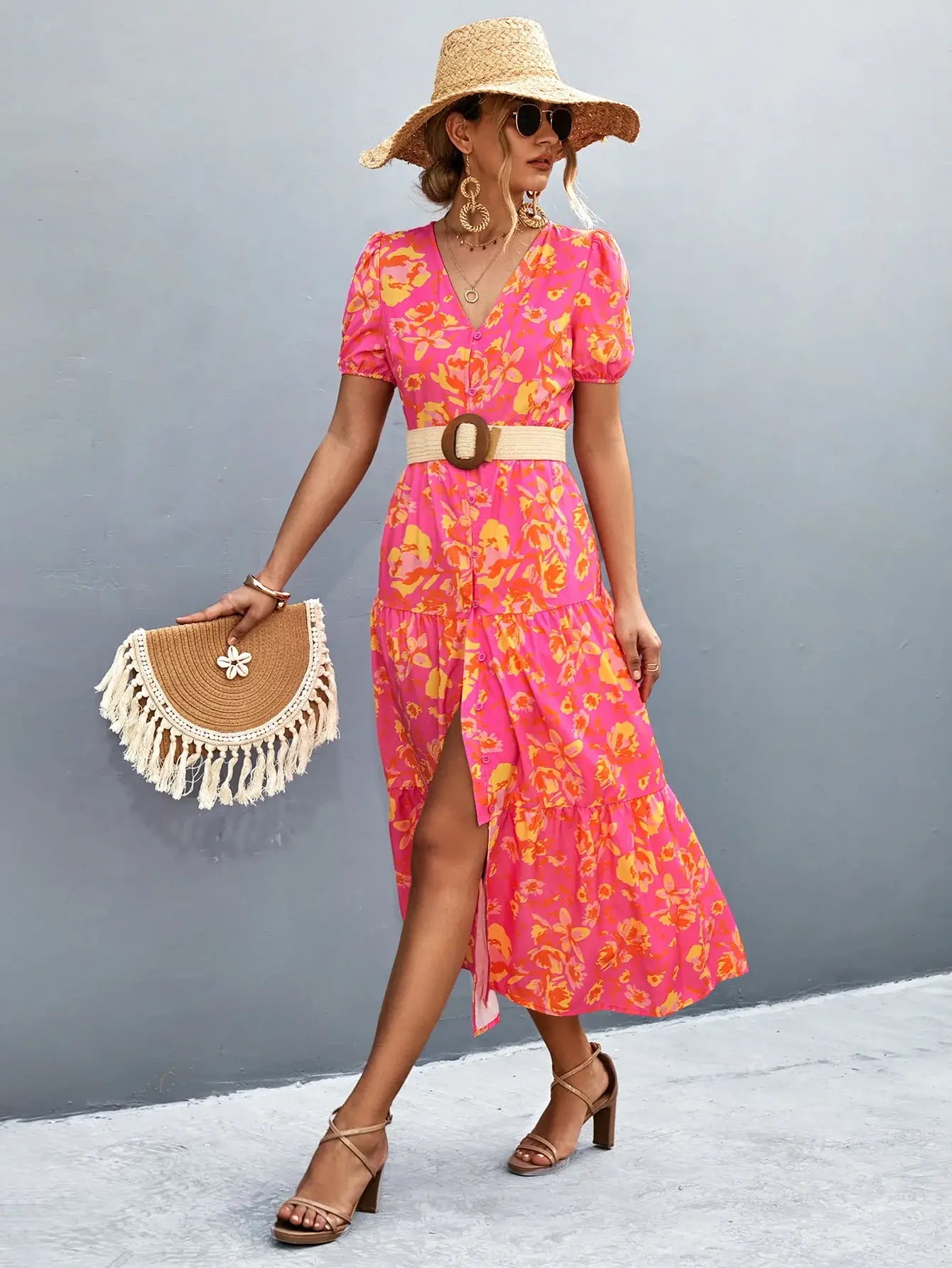 V-Neck Short Sleeve High Slit Midi Dress - Trendsi - Flyclothing LLC