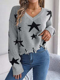 Star Pattern Distressed V-Neck Cropped Sweater - Trendsi - Flyclothing LLC