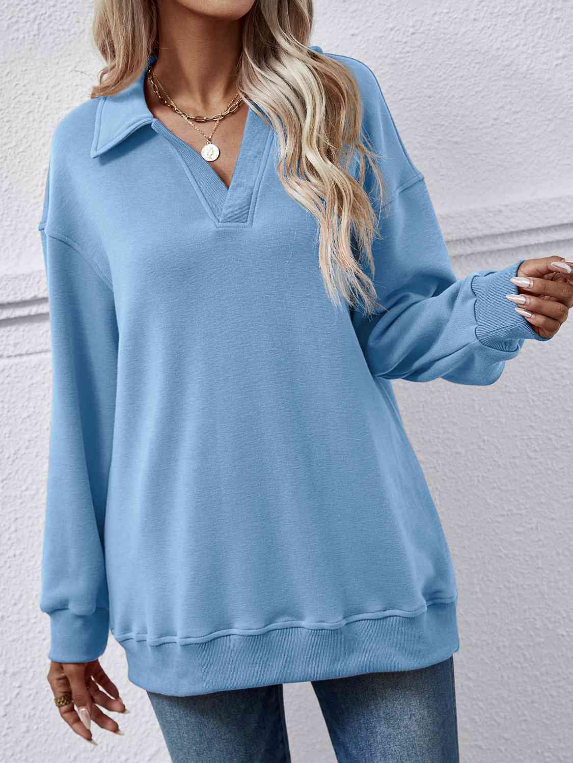 Collared Neck Dropped Shoulder Sweatshirt - Trendsi