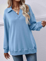 Collared Neck Dropped Shoulder Sweatshirt - Trendsi