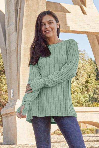 Basic Bae Full Size Ribbed Round Neck Long Sleeve Knit Top - Trendsi - Flyclothing LLC