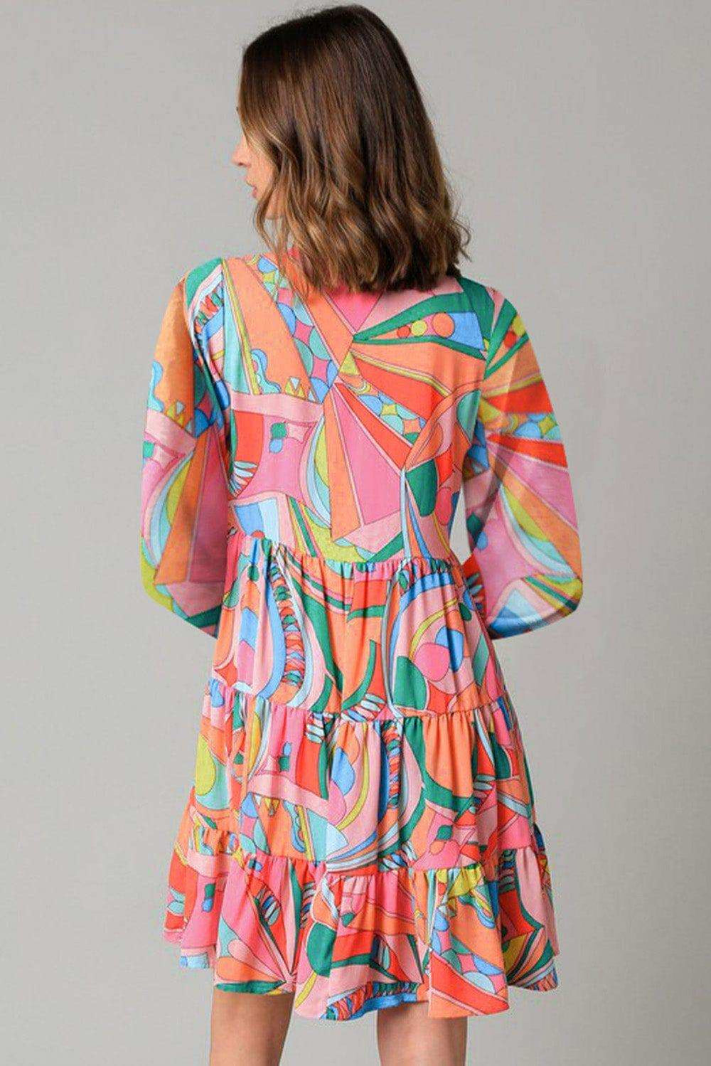Printed Long Sleeve Tie Neck Mini Dress - Trendsi - Flyclothing LLC