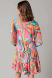 Printed Long Sleeve Tie Neck Mini Dress - Trendsi - Flyclothing LLC
