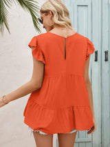 Round Neck Flutter Sleeve Tiered Blouse - Trendsi - Flyclothing LLC