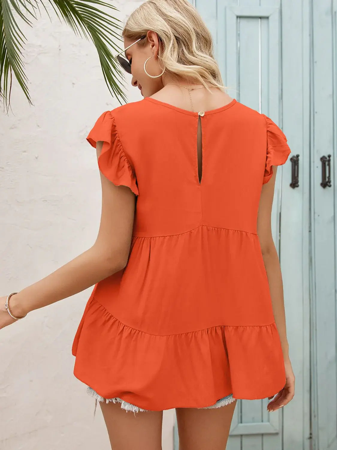 Round Neck Flutter Sleeve Tiered Blouse - Trendsi - Flyclothing LLC