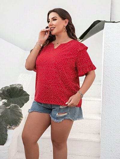 Plus Size Printed Notched Flounce Sleeve Blouse - Trendsi - Flyclothing LLC