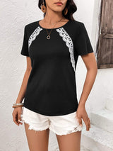 Lace Trim Contrast Waffle-Knit Top - Trendsi - Flyclothing LLC