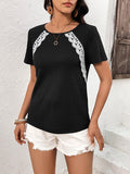 Lace Trim Contrast Waffle-Knit Top - Trendsi