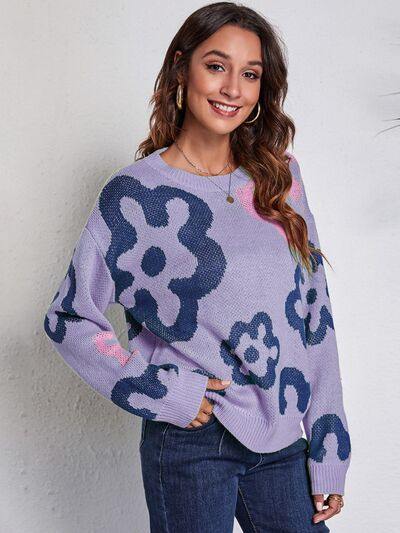Flower Pattern Round Neck Long Sleeve Sweater - Trendsi