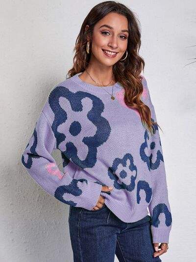 Flower Pattern Round Neck Long Sleeve Sweater - Trendsi - Flyclothing LLC
