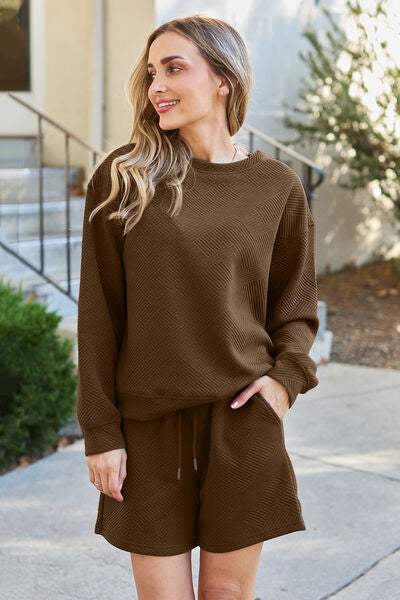 Double Take Full Size Texture Long Sleeve Top and Drawstring Shorts Set - Trendsi - Flyclothing LLC