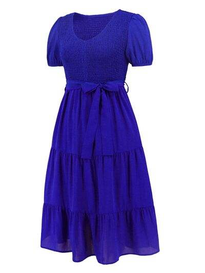 Smocked Tie Front Short Sleeve Tiered Dress - Trendsi - Flyclothing LLC