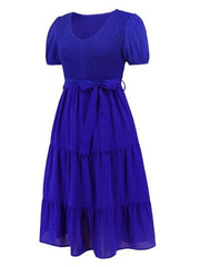 Smocked Tie Front Short Sleeve Tiered Dress - Flyclothing LLC